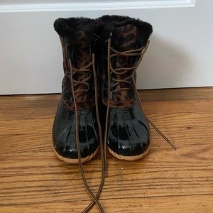 Animal print duck boots